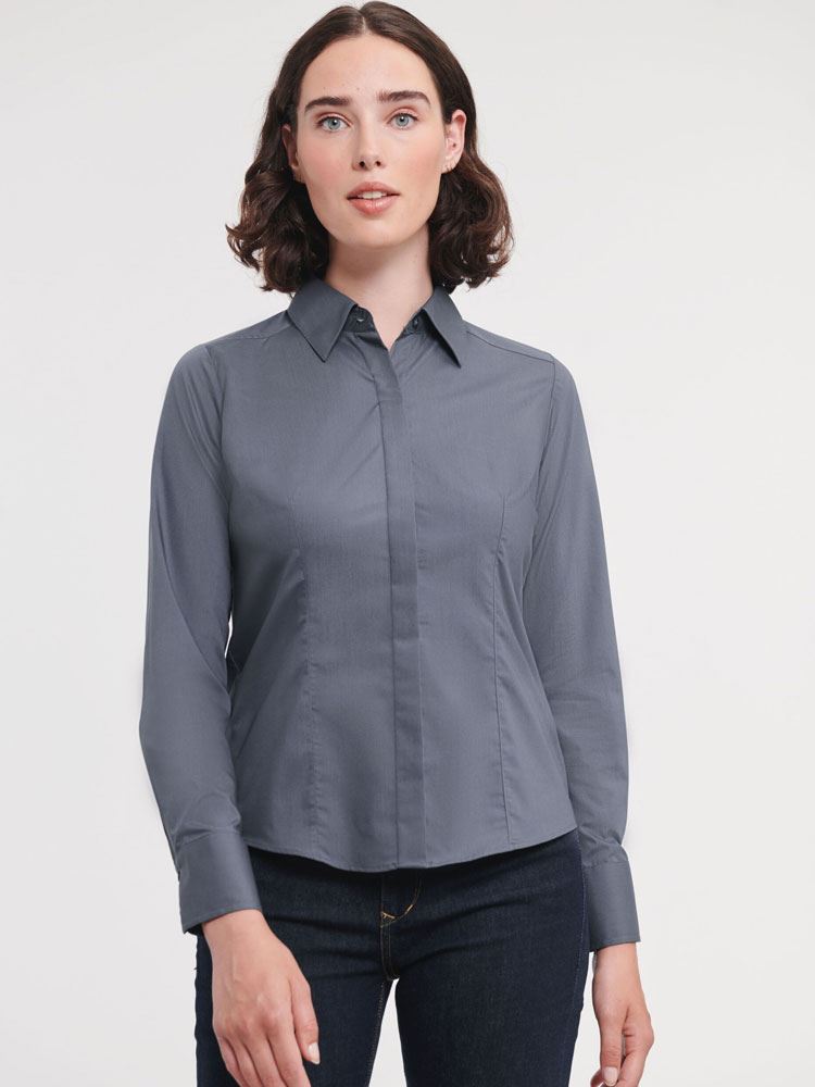 924F Ladies Long Sleeve Poly Cotton Easy Care Fitted Poplin Shirt Image 1