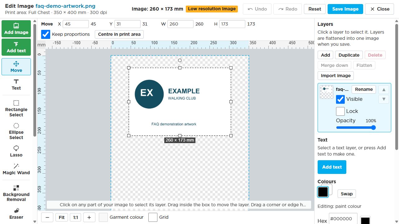 Image editor opened from a quote design