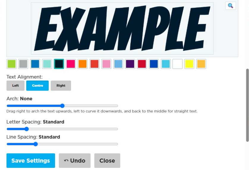 Edit Design Text Settings window with text preview and formatting controls