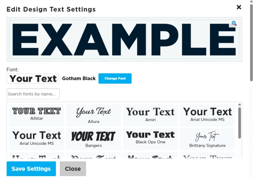 Text editor showing a live example, font search and visual font choices