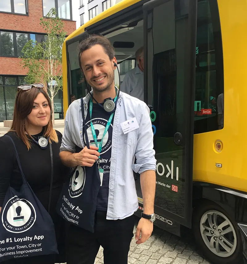 LoyalFree team with printed t-shirts and eco tote bags