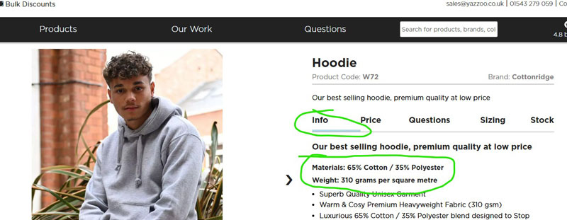 Where to find fabric composition and GSM details on the product page
