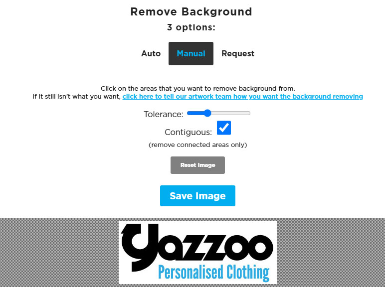 Manual background removal settings including tolerance and contiguous options